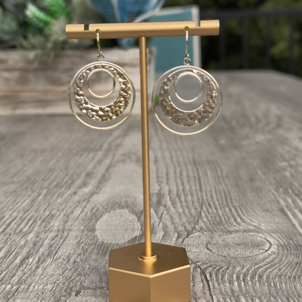 925 Sterling Silver Hammered Double Circle Dangle Earrings Concentric Hoops